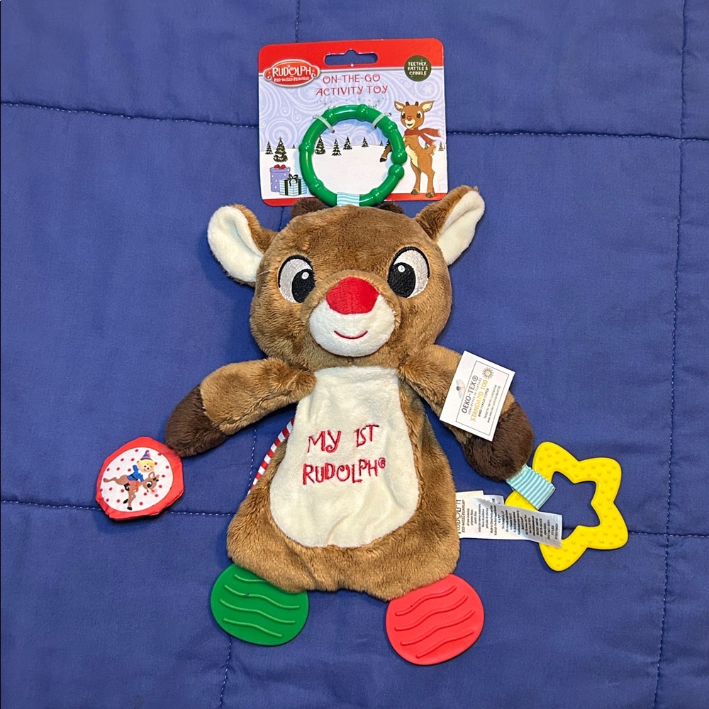 NEW My First Rudolph Plush Activity Toy Teether Rattle & Crinkle
